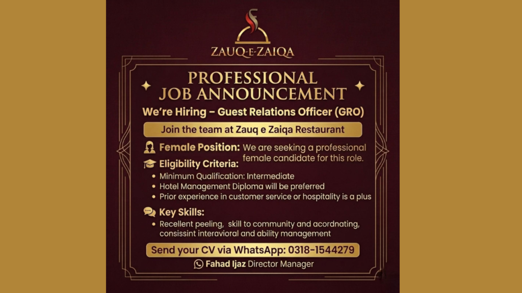 Zauq-e-Zaiqa Restaurant hiring female Guest Relations Officer GRO for customer service and hospitality jobs 2026.