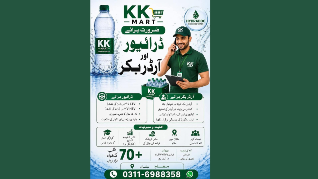 KK Mart Multan job advertisement for Driver and Order Booker positions showing salary package requirements contact number and hiring details for private jobs in Pakistan