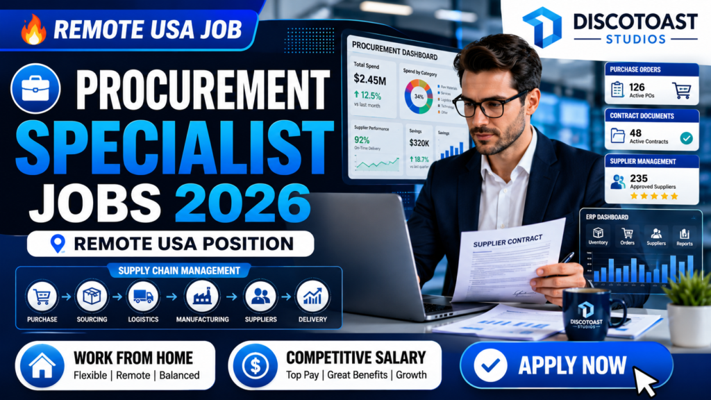 Discotoast Studios hiring Procurement Specialist for a full time remote job in the United States with procurement supplier management and contract negotiation responsibilities.